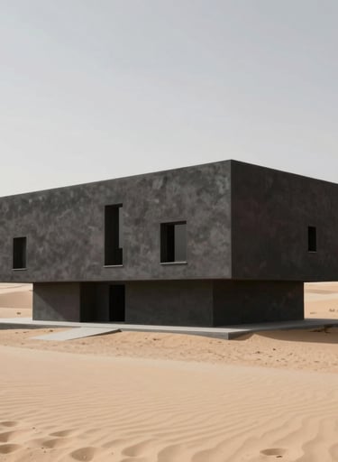 Modern brutalist structure in a desert landscape, soft sand colors, strong shadows, minimalist composition #F9F7F2 #333333