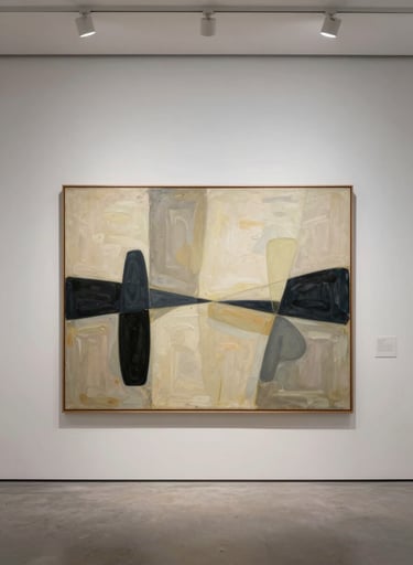 A stunning wide-angle shot of a primary oil painting featuring abstract Warm Cream and Dark Charcoal shapes hanging on a pristine gallery wall in the International / Global Art Scene. Elegant museum lighting.