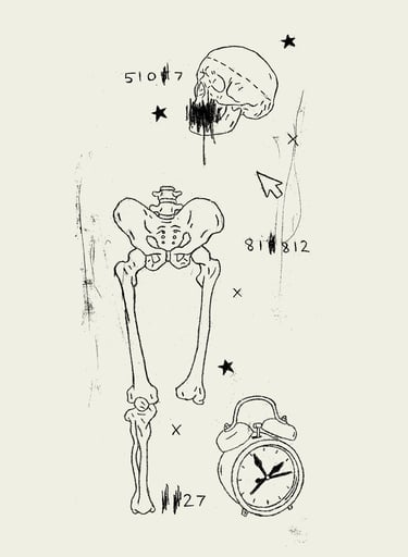 digital art of a human skull and pelvis with a clock stars and computer codes and a computer mouse