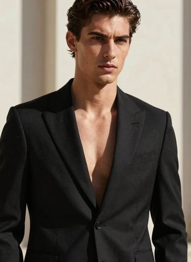 Male model posing for high-fashion editorial in a tailored Jet Black blazer, harsh direct sunlight, Off-white architectural background.