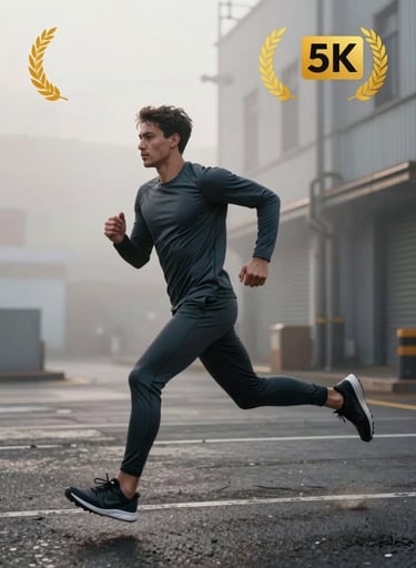 Full-body action shot of a male model running through an urban industrial setting, wearing deep graphite athletic gear, silver mist morning mist in the air, dynamic motion blur, high-impact feel.