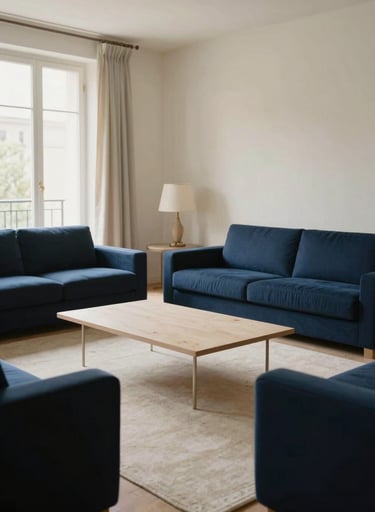 Photographie grand angle d'un salon de maître transformé pour un tournage de film, style haussmannien, Western European / French, mobilier minimaliste dans des teintes de bleu sombre et de crème, lumière matinale douce.