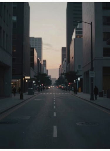A cinematic frame of a lonely street at dusk, high contrast, moody lighting. Minimalist urban aesthetic incorporating #4A616F and dark shadows.