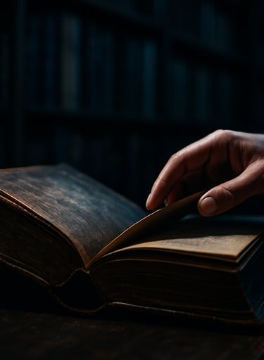 A moody photography of an old leather-bound book being opened by a person in a South American / Brazilian library. The scene is lit with dramatic shadows and dark blue highlights, emphasizing the weight and history of the story.