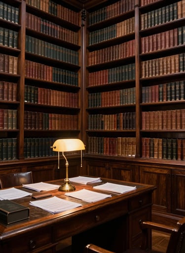 A wide-angle shot of a grand, historic library with floor-to-ceiling dark espresso wood shelves filled with leather-bound books. In the foreground, a single wooden desk with an antique brass lamp casting a warm antique gold glow over a scattered collection of research papers. Minimalist, scholarly atmosphere.