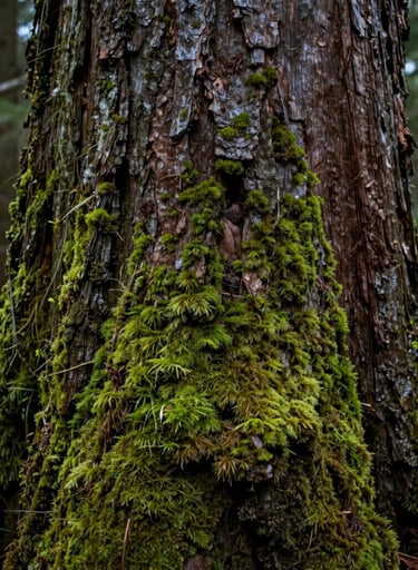 A detailed close-up photograph of vibrant green moss growing on the textured dark brown bark of an ancient cedar tree in a North American forest, captured in soft natural lighting.