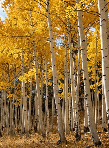 A dense grove of white-barked Aspen trees with bright yellow autumn leaves in the North American wilderness, vibrant natural colors under a clear sky.