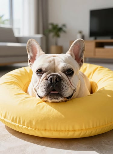 Close-up of a happy French Bulldog resting its chin on a beautiful, durable yellow pet accessory in a sunlit modern apartment.