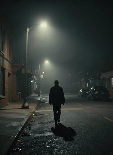 A cinematic wide shot of a lone figure walking down a foggy street in a North American / US city at night, reminiscent of classic film noir. The scene features deep charcoal tones and muted silver light from a single streetlamp.