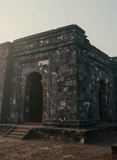 Cinematic photography of the historic M'Banza Kongo ruins in Angola at dawn, misty atmosphere, dramatic lighting with soft off-white and dark slate grey shadows.