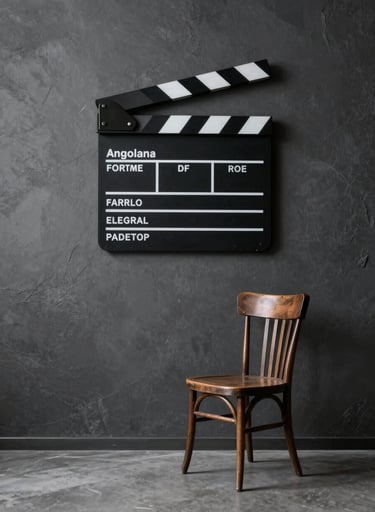 A minimalist composition of a film slate and an antique chair in a Angolana museum hall, charcoal slate grey walls, soft misty white highlights, sophisticated lighting.