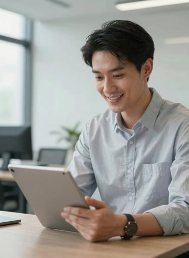 A professional business owner in a modern North American / US workplace looking satisfied while viewing a tablet, soft white and light grey interior, friendly and professional mood.