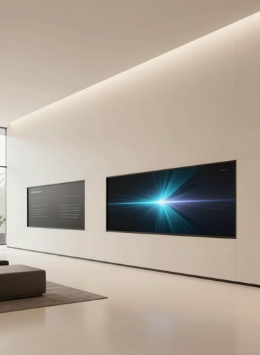 A minimalist, wide shot of a modern office lobby with large screens displaying sophisticated motion graphics. The composition uses clean lines and a soft sand (#F8F4E8) and charcoal (#2F3E46) palette to emphasize architectural beauty.