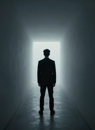A wide-angle, minimalist environmental portrait of a person standing at the end of a long, dimly lit corridor. The light at the end is bright (#F5F7FA), creating a silhouette against #0A0A0C. Contemporary and cinematic.