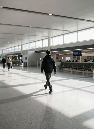 Street photography of a solitary figure walking through a vast, modern International airport terminal. High contrast lighting creates long shadows on the polished light grey floor, emphasizing a clean and minimalistic urban aesthetic.