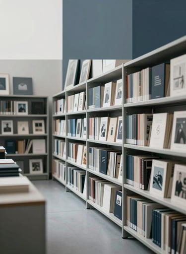 A wide, elegant shot of a studio archive room. Rows of meticulously organized catalogues and art objects are visible on shelves. The lighting is intellectual and calm. Palette: #F1F4F2, #293B37, and #5B7B71.