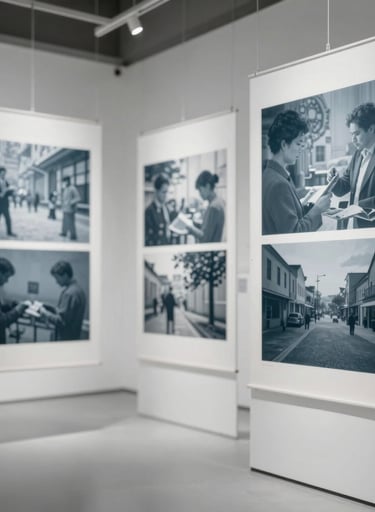 A wide-angle photograph of an exhibition space featuring large-scale archival research prints hung in a clean, sophisticated arrangement. Palette includes #F1F4F2 and #5B7B71.