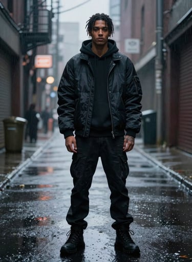 A full-body digital painting of a character in high-fashion streetwear, standing in a rainy North American / US alleyway at night, deep obsidian and silver mist palette.