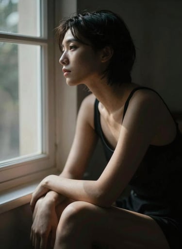 Fine art lifestyle photography, a person sitting by a window, natural light creating a stark chiaroscuro effect, deep contrast between light skin and dark interior shadows, brand mood of refined artistry.