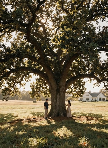 A large, cinematic wide shot of a couple standing under a massive oak tree in a North American / US countryside estate. Sunbeams filter through the leaves, creating a warm, golden, and authentic atmosphere.