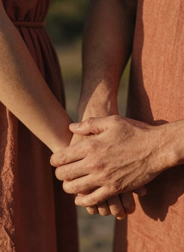 A tight, close-up lifestyle photograph focusing on hands gently clasped together, capturing a moment of quiet connection between a couple in Spain / Southern Europe. Soft terracotta-colored linen clothing is visible. Warm, natural side lighting from a setting sun, highlighting skin texture and creating a nostalgic, emotional atmosphere.