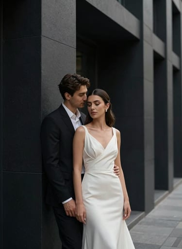 A romantic portrait of a wedding couple in a modern Istanbul setting. The bride is in a minimalist soft off-white dress, standing against a deep charcoal black architectural background. Dramatic, high-contrast lighting.