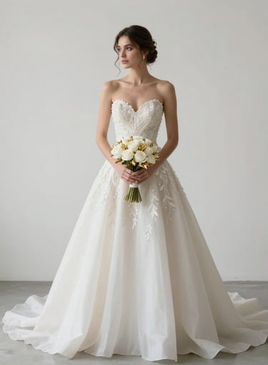 A stunning bride in an off-white luxury gown standing against a minimalist white wall in a Kartal, Istanbul studio. She holds a bouquet with gold accents. Soft, high-key lighting.