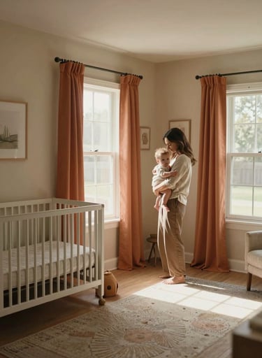 A wide, sun-drenched photography shot of a North American / US nursery. A mother is seen in a candid moment, rocking a baby near a window. The room features Soft Sand walls and warm Terracotta textiles. The style is intimate and cinematic, emphasizing authentic lifestyle storytelling.