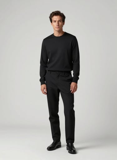 A sophisticated full-body portrait of a professional in a minimalist North American studio. Soft, diffused lighting against a clean white backdrop. The subject is wearing premium black attire, exuding an Apple-style aesthetic.