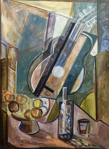 Guitarra y frutas, óleo premiado del artista Argi Girón. Guitar award oil painter artist
