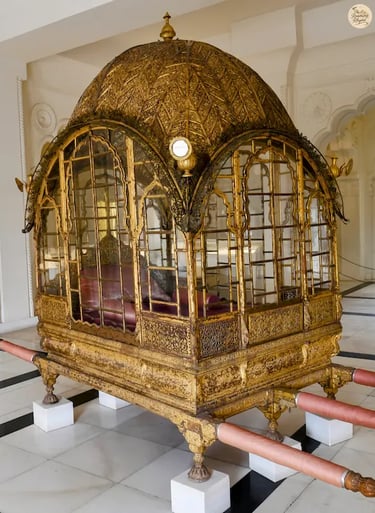 Intricate golden palki with lattice work, Daulat Khana Mehrangarh Fort Jodhpur.