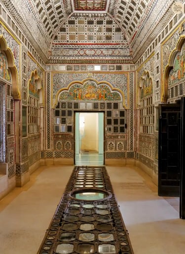 Sheesh Mahal at Mehrangarh Fort Jodhpur, a mirror palace reflecting Rajput grandeur and intricate craftsmanship.