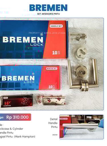 Set handle pintu, engsel, lock case merk Bremen