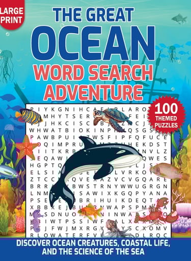 Ocean-themed large-print word search puzzle book featuring sea animals and marine science