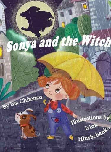 Cover of "Sonya and the Witch" shows a girl with pigtails and dog in rain, looking up at a witch.