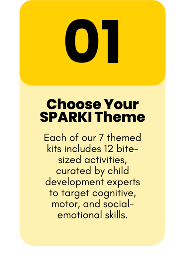 Parent selecting a SPARKI learning kit with 12 child development activities designed to build skills