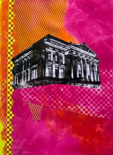 Hand-painted collage artwork featuring Harris Museum building with vibrant geometric patterns