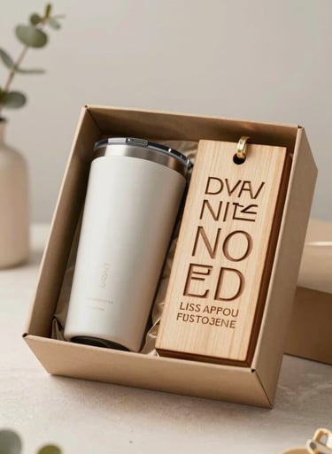 A beautifully curated gift box containing a custom tumbler and a laser-engraved wood sign, styled with soft rustic elements and an elegant, inviting presentation using the brand's earthy palette.