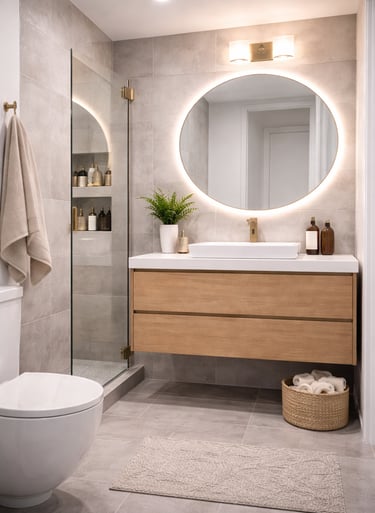 colores y materiales en baño moderno pequeño gris y madera