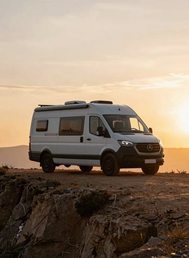 A cinematic wide shot of a camper van parked on a cliffside at sunset, warm earthy brown colors, sun-drenched sky.