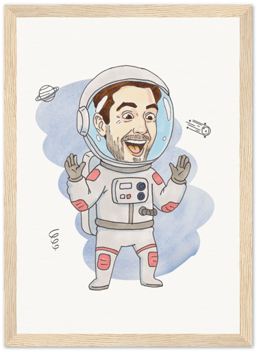 portrait incarnation, couleur style bd, homme astronaute, poster encadré bois
