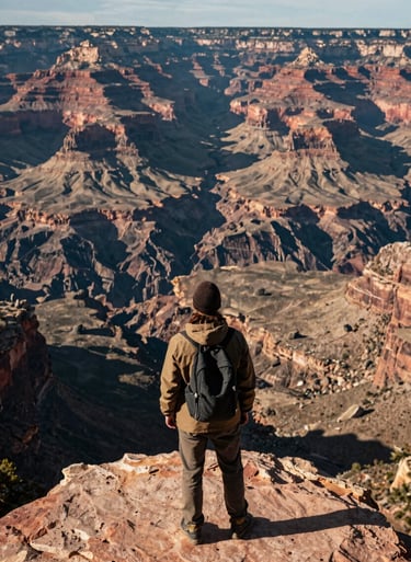 A wide shot of a traveler looking out over the Grand Canyon in the North American / US, dramatic lighting, professional and epic scale, earthy colors.