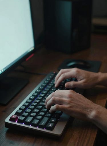 A vertical shot of a person's hands typing on a mechanical keyboard in a dimly lit room. The glow from the screen is muted teal, creating a competent, tech-focused atmosphere.