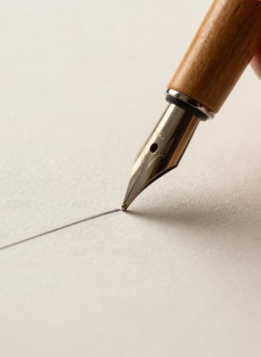 A macro photograph focusing on the fine-point nib of a wooden dip pen as it creates a delicate line on off-white paper. The surrounding space is filled with the soft texture of the paper and natural, warm lighting.