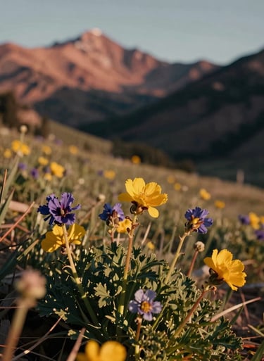 A close-up of mountain wildflowers in a sun-drenched North American valley, cinematic macro photography, warm terracotta and charcoal shadows.