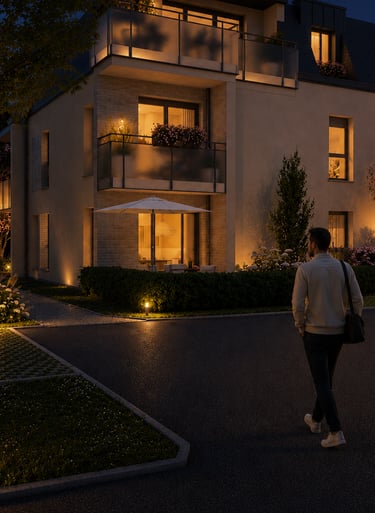 Résidence moderne de standing vue du ciel avec balcons spacieux, végétation soignée et environnement