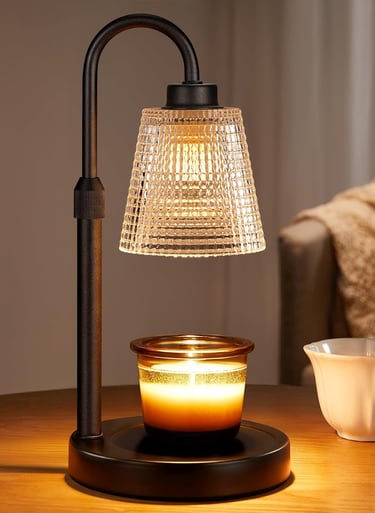 Candle Warmer Lamp on bedside table in cozy bedroom corner with soft ambient lighting