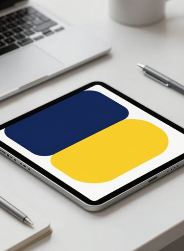 Detail of a modern workspace with a tablet showing abstract vector art, utilizing the brand palette of #0A1128 and #E2B941.