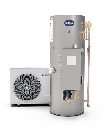 Samsung air source heat pump unit next to an unvented hot water cylinder.