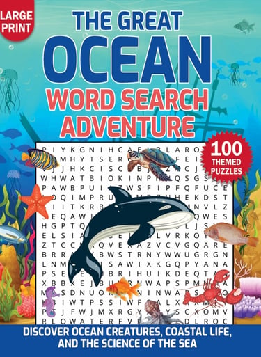 Ocean-themed large-print word search puzzle book featuring sea animals and marine science